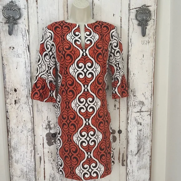 Elie Tahari | Dresses | Elie Tahari Size Xs Silk Dress Womans Rust Orange  Brown Ivory Shift Bell Sleeve | Poshmark